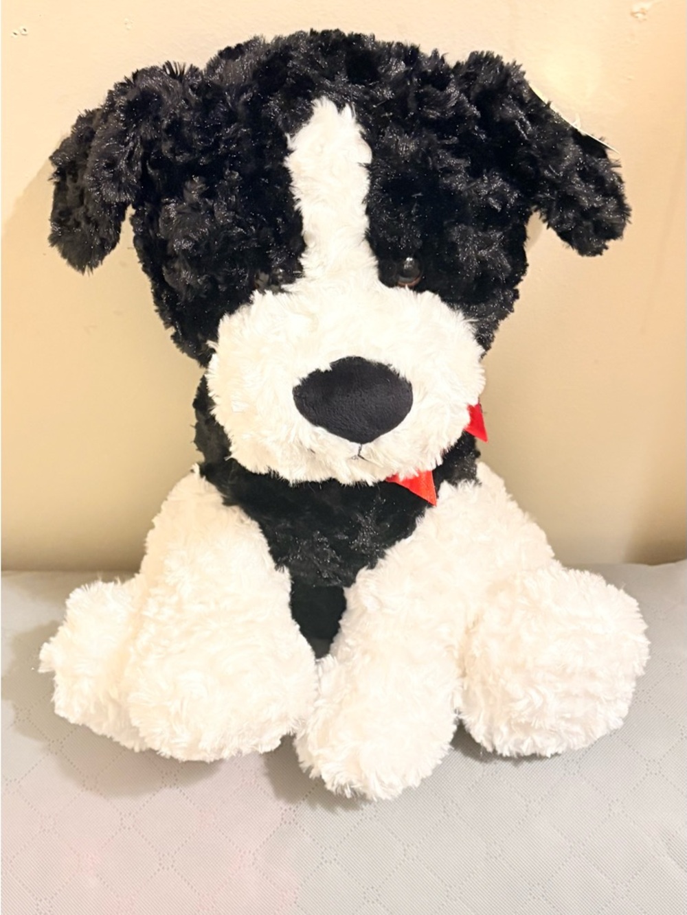 Plush Black & White Puppy Dog Toy with Red Bow - Soft Pet Plush